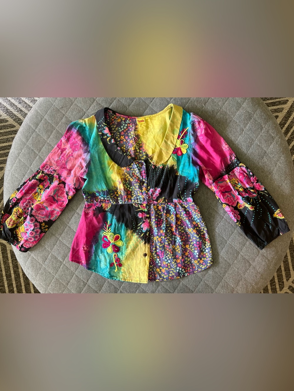 TIANELLO Small Boho Tie Dye Embroidered Cotton Blouse